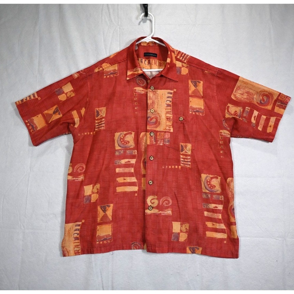 Casa Moda Mens XL Button Up Shirt Red Abstract Short Sleeve Casual